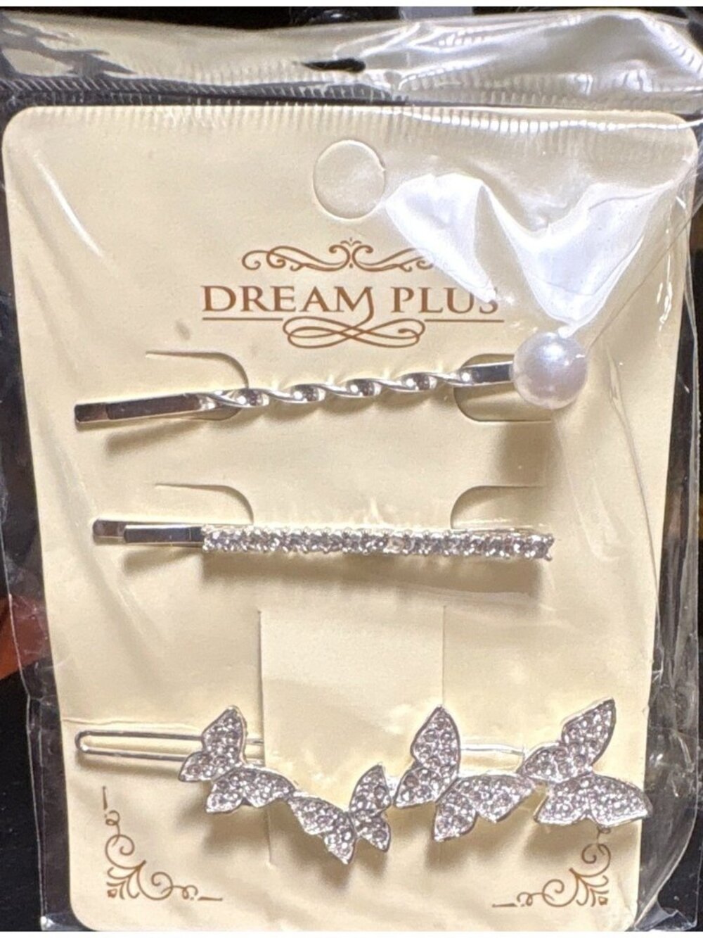 Dream Plus Silver Rhinestone Faux Pearls Butterfly Hair Pins Clips 3pc Fashion